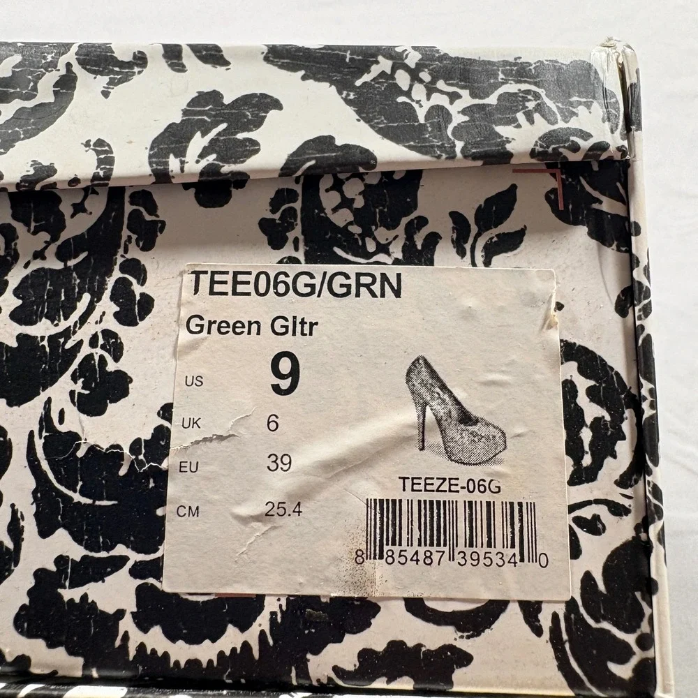 Bordello Teeze-06G Green Glitter Platform Pumps Womens 9 Burlesque Stiletto Heel